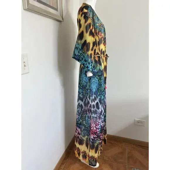 Boho Maxi Kimono Kaftan Women Leopard Butterfly Print Sheer Beaded Cover Up L/XL - Picture 7 of 16